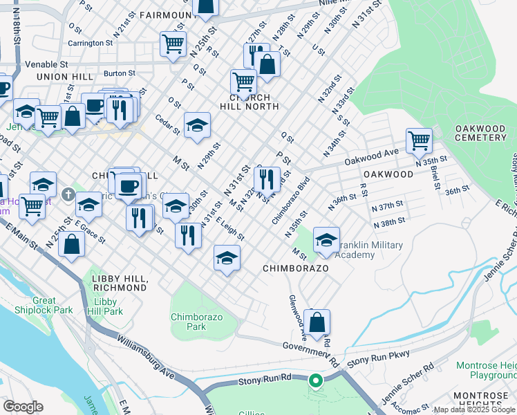 map of restaurants, bars, coffee shops, grocery stores, and more near 726 North 33rd Street in Richmond