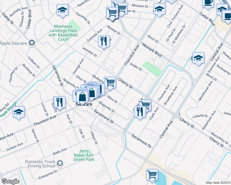 map of restaurants, bars, coffee shops, grocery stores, and more near 37047 Mulberry Street in Newark