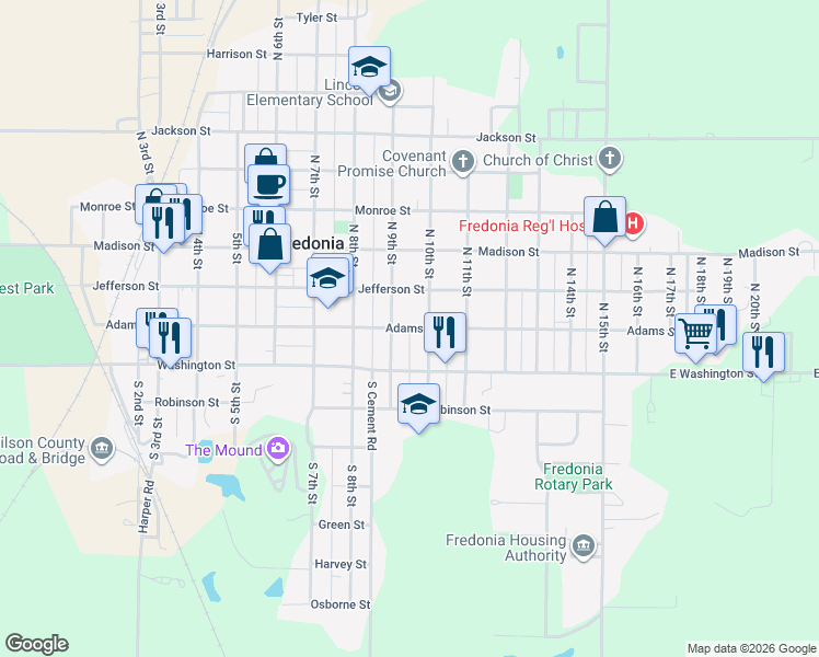 map of restaurants, bars, coffee shops, grocery stores, and more near 949 Adams Street in Fredonia