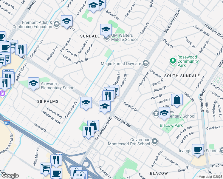 map of restaurants, bars, coffee shops, grocery stores, and more near 39897 Burr Avenue in Fremont