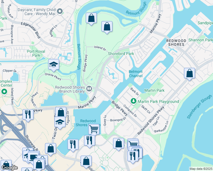 map of restaurants, bars, coffee shops, grocery stores, and more near 56 Cove Lane in Redwood City