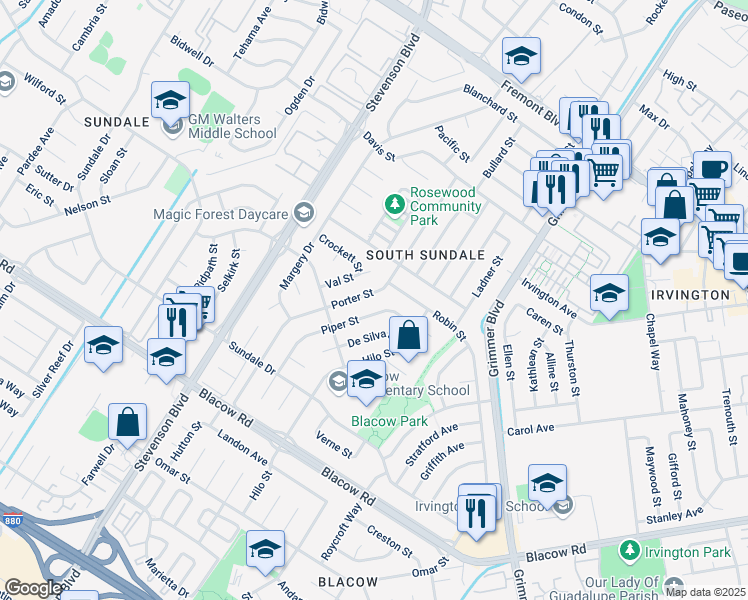 map of restaurants, bars, coffee shops, grocery stores, and more near 4563 Porter Street in Fremont