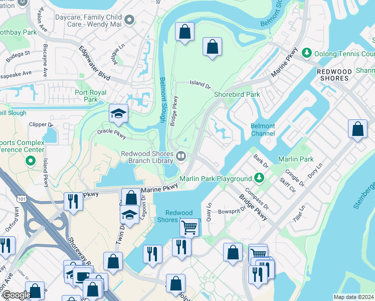 map of restaurants, bars, coffee shops, grocery stores, and more near 421 Marine Parkway in Redwood City
