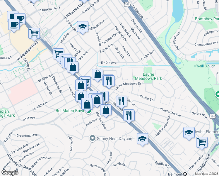 map of restaurants, bars, coffee shops, grocery stores, and more near 4111 George Avenue in San Mateo