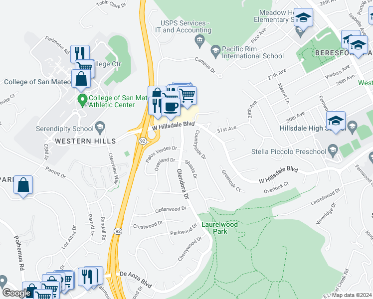 map of restaurants, bars, coffee shops, grocery stores, and more near 1300 Palos Verdes Drive in San Mateo