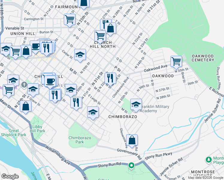 map of restaurants, bars, coffee shops, grocery stores, and more near 726 North 33rd Street in Richmond