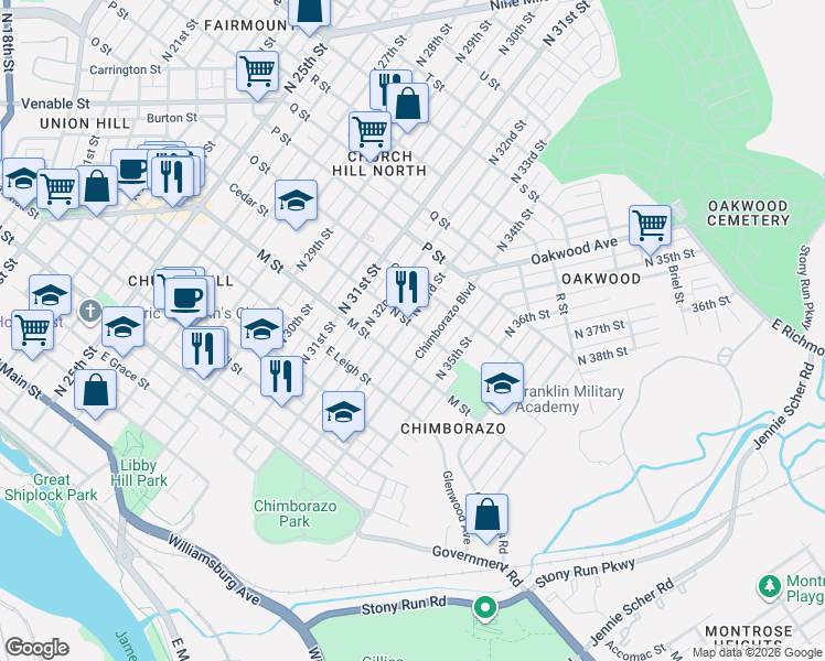 map of restaurants, bars, coffee shops, grocery stores, and more near 726 North 33rd Street in Richmond