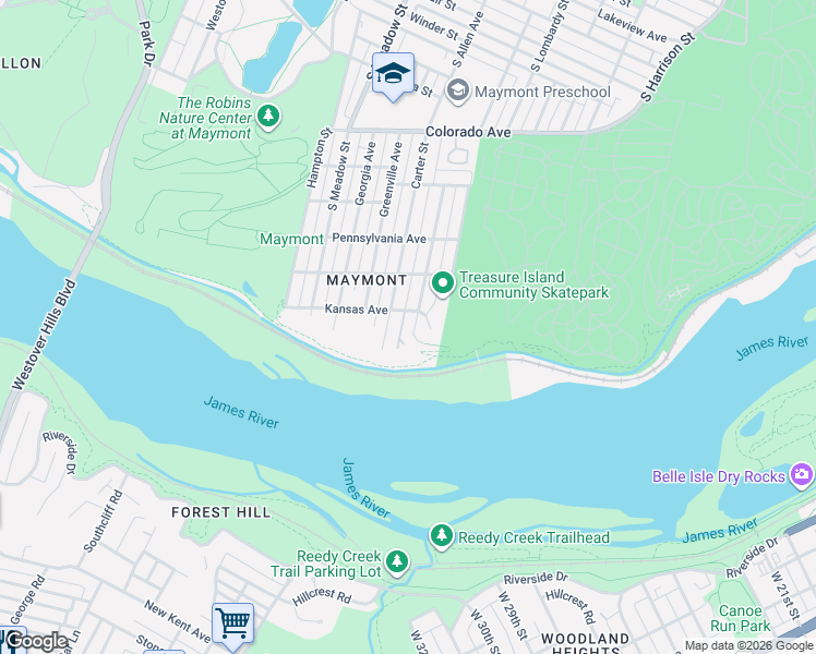 map of restaurants, bars, coffee shops, grocery stores, and more near 1903 Carter Street in Richmond