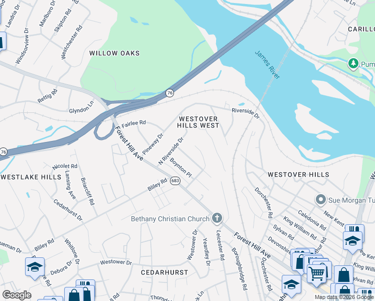 map of restaurants, bars, coffee shops, grocery stores, and more near 5617 Langdon Court in Richmond