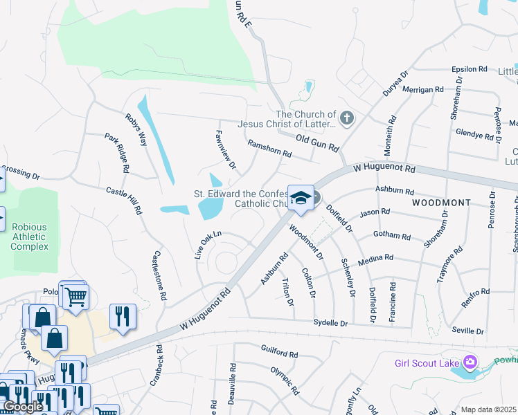 map of restaurants, bars, coffee shops, grocery stores, and more near 10943 Live Oak Court in Midlothian