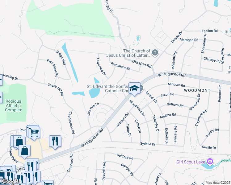map of restaurants, bars, coffee shops, grocery stores, and more near 10943 Live Oak Court in Midlothian