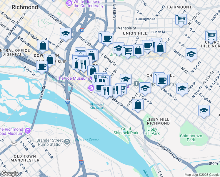 map of restaurants, bars, coffee shops, grocery stores, and more near 16 North 22nd Street in Richmond