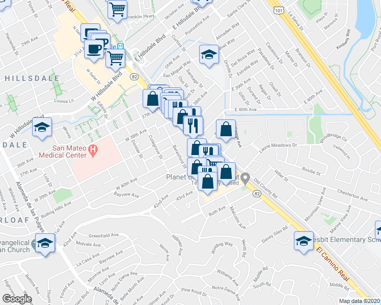 map of restaurants, bars, coffee shops, grocery stores, and more near 4000 41st Avenue in San Mateo