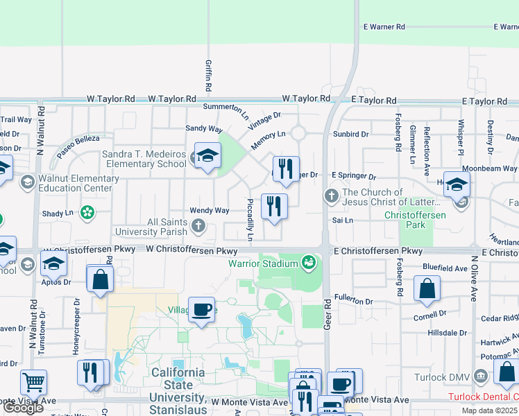 map of restaurants, bars, coffee shops, grocery stores, and more near 4185 Pathway Lane in Turlock