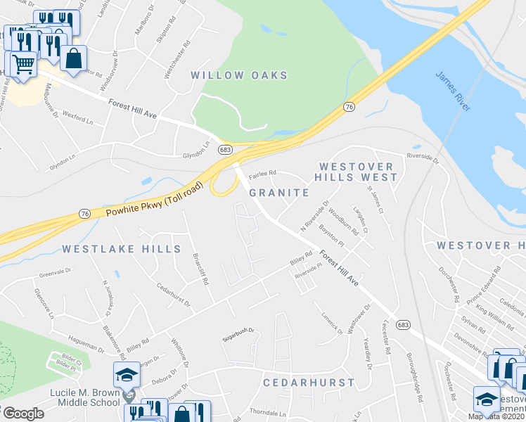 map of restaurants, bars, coffee shops, grocery stores, and more near Forest Hill Avenue & Willow Oaks Drive in Richmond