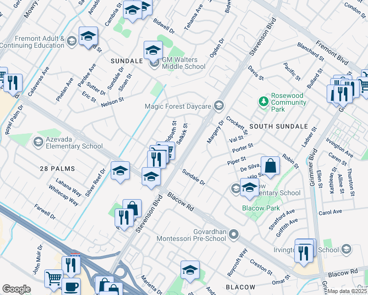 map of restaurants, bars, coffee shops, grocery stores, and more near 4759 Stevenson Boulevard in Fremont