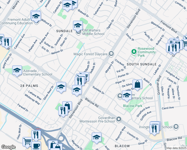 map of restaurants, bars, coffee shops, grocery stores, and more near 4759 Stevenson Boulevard in Fremont