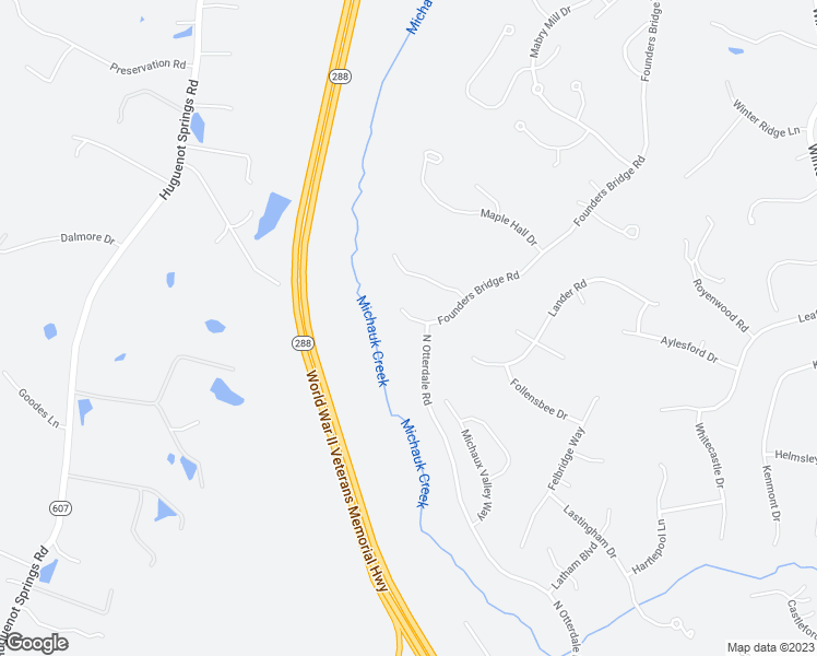 map of restaurants, bars, coffee shops, grocery stores, and more near 2219 Founders Bridge Road in Midlothian