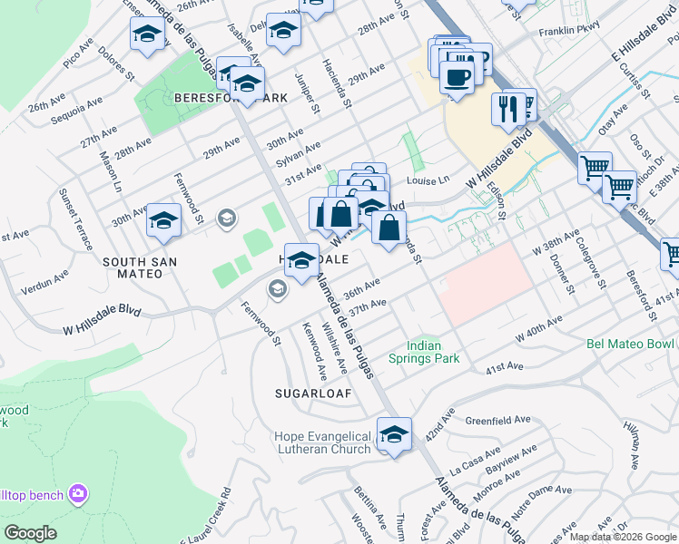 map of restaurants, bars, coffee shops, grocery stores, and more near 428 Voelker Drive in San Mateo
