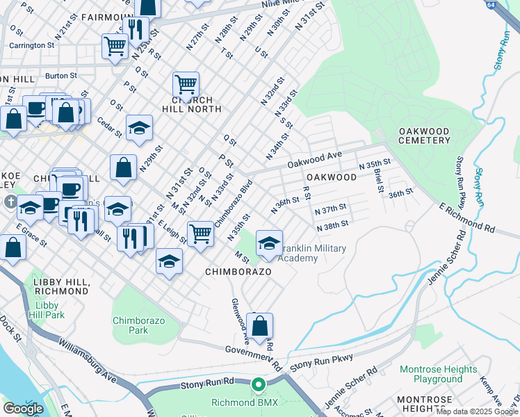 map of restaurants, bars, coffee shops, grocery stores, and more near 905 North 35th Street in Richmond