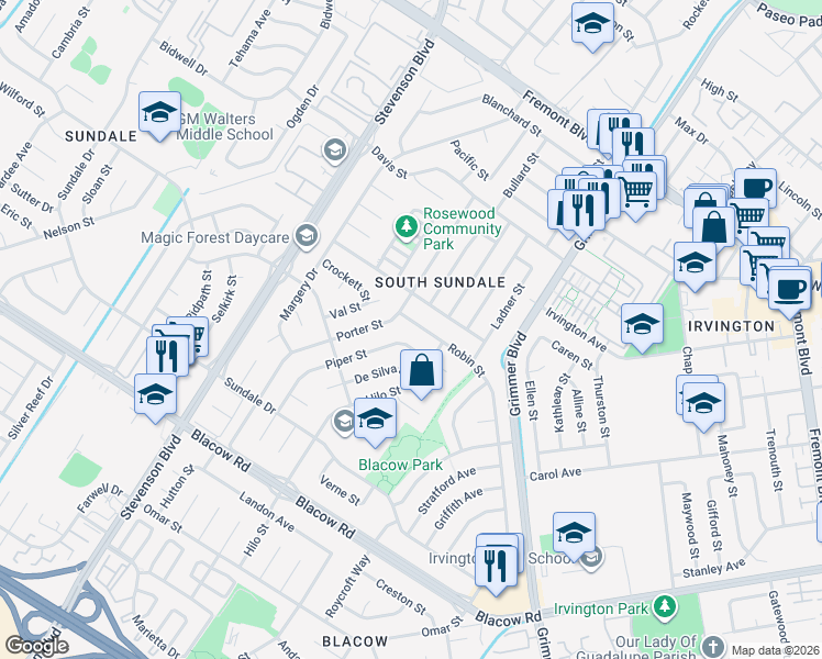 map of restaurants, bars, coffee shops, grocery stores, and more near 40327 Robin Street in Fremont