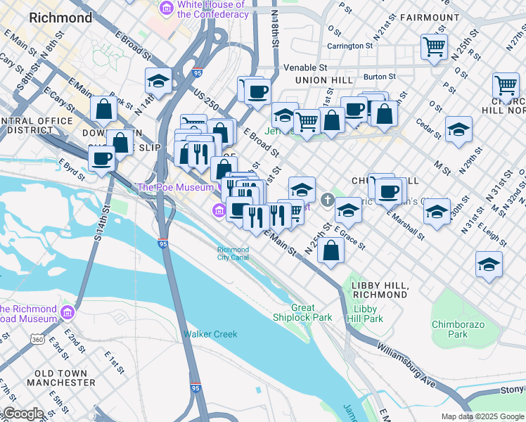 map of restaurants, bars, coffee shops, grocery stores, and more near 2109 East Franklin Street in Richmond