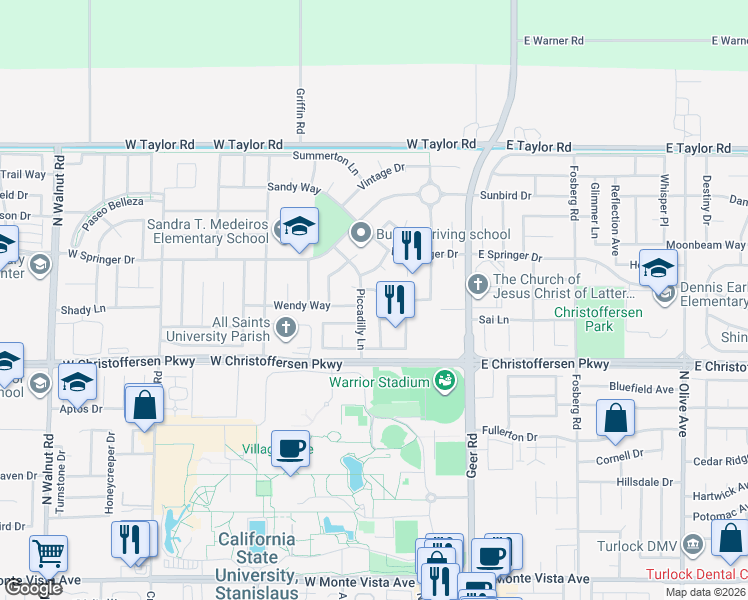 map of restaurants, bars, coffee shops, grocery stores, and more near 4192 Piccadilly Lane in Turlock