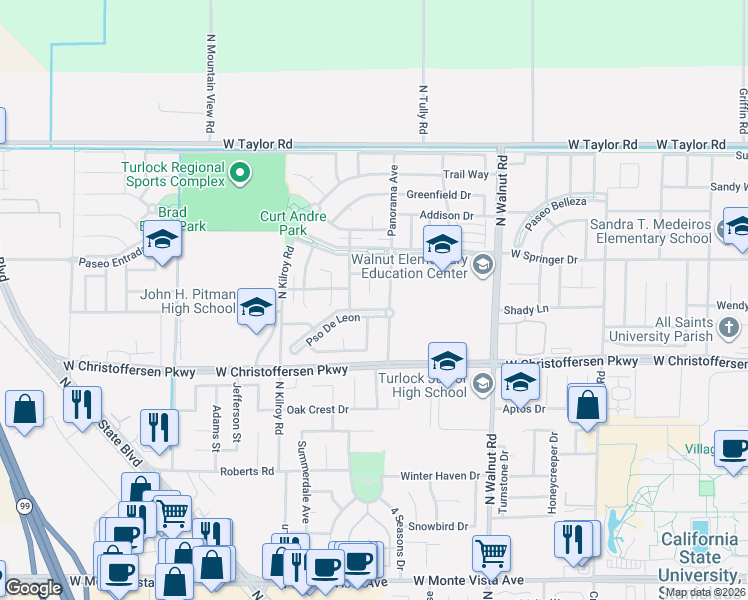 map of restaurants, bars, coffee shops, grocery stores, and more near 4207 Panorama Avenue in Turlock