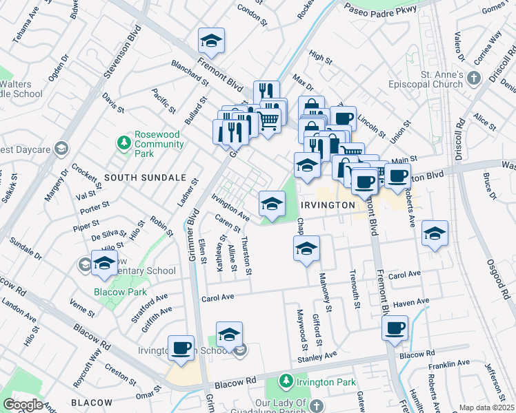 map of restaurants, bars, coffee shops, grocery stores, and more near 4421 Hyde Common in Fremont