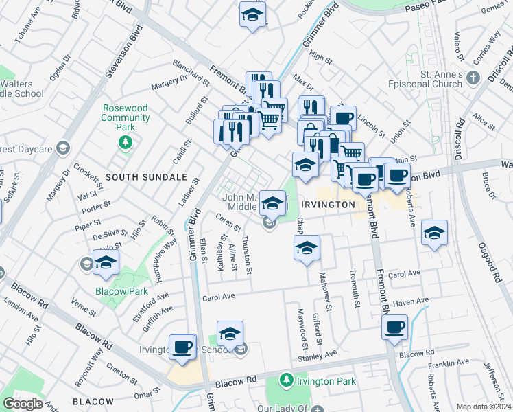 map of restaurants, bars, coffee shops, grocery stores, and more near 4421 Hyde Common in Fremont