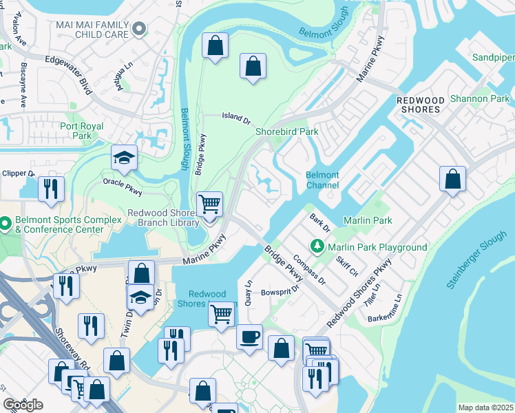 map of restaurants, bars, coffee shops, grocery stores, and more near 56 Cove Lane in Redwood City