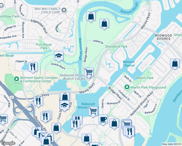 map of restaurants, bars, coffee shops, grocery stores, and more near 401 Cork Harbour Circle in Redwood City