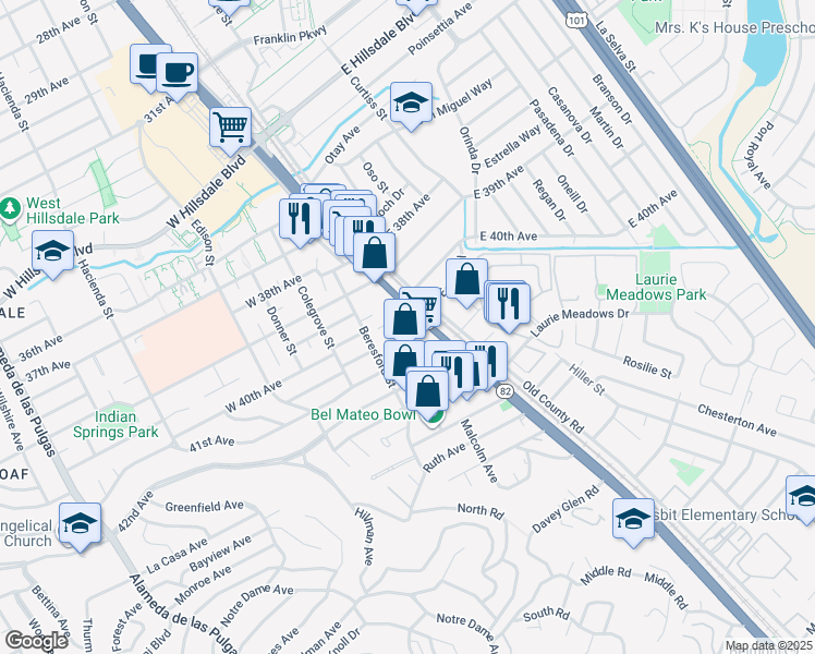 map of restaurants, bars, coffee shops, grocery stores, and more near 4000 41st Avenue in San Mateo