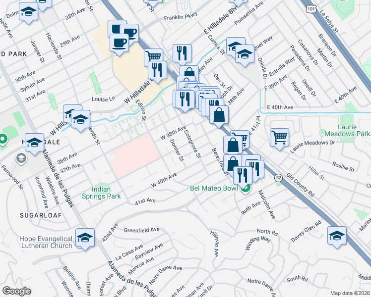 map of restaurants, bars, coffee shops, grocery stores, and more near 3914 Colegrove Street in San Mateo