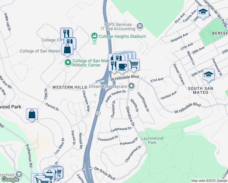 map of restaurants, bars, coffee shops, grocery stores, and more near 1326 Palos Verdes Drive in San Mateo