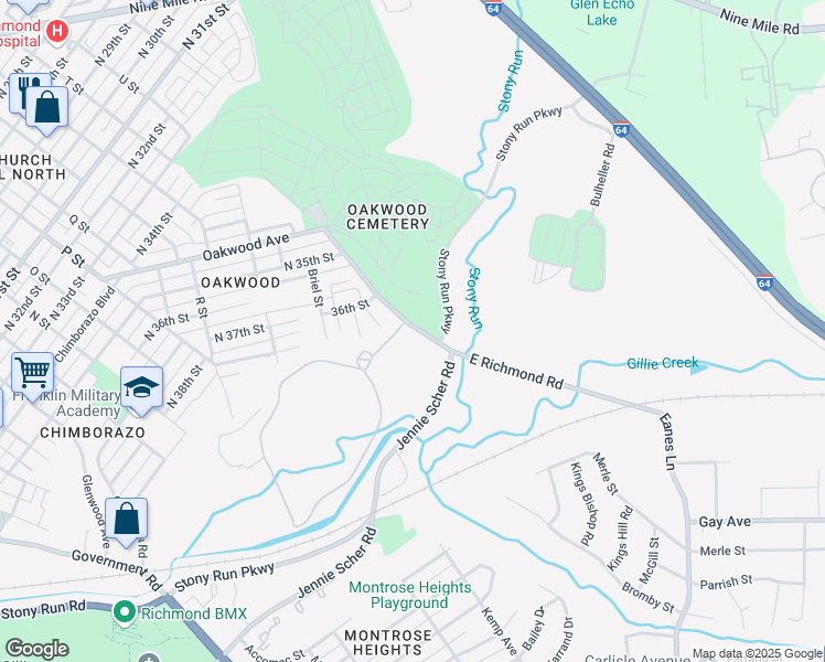 map of restaurants, bars, coffee shops, grocery stores, and more near 3520 E Richmond Rd in Richmond