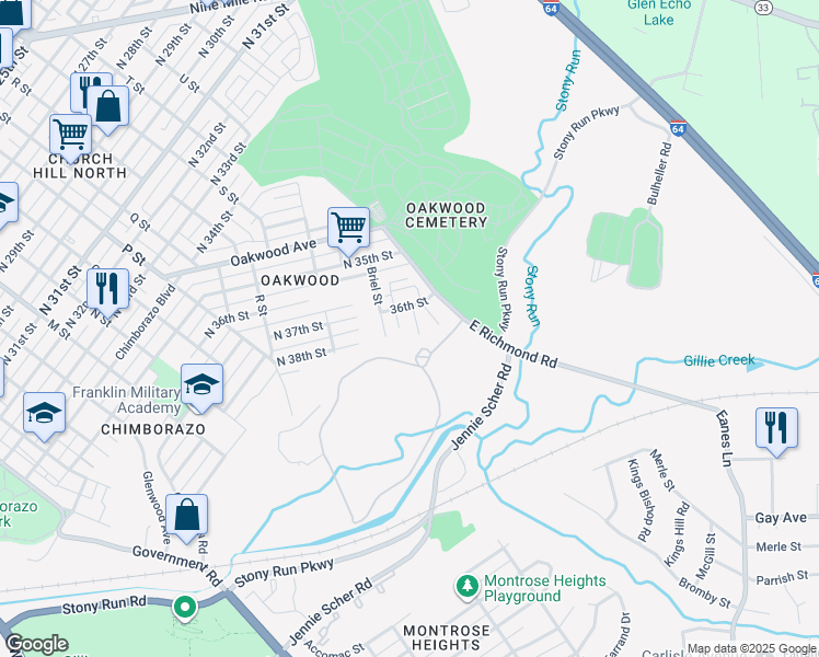 map of restaurants, bars, coffee shops, grocery stores, and more near 3530 East Richmond Road in Richmond