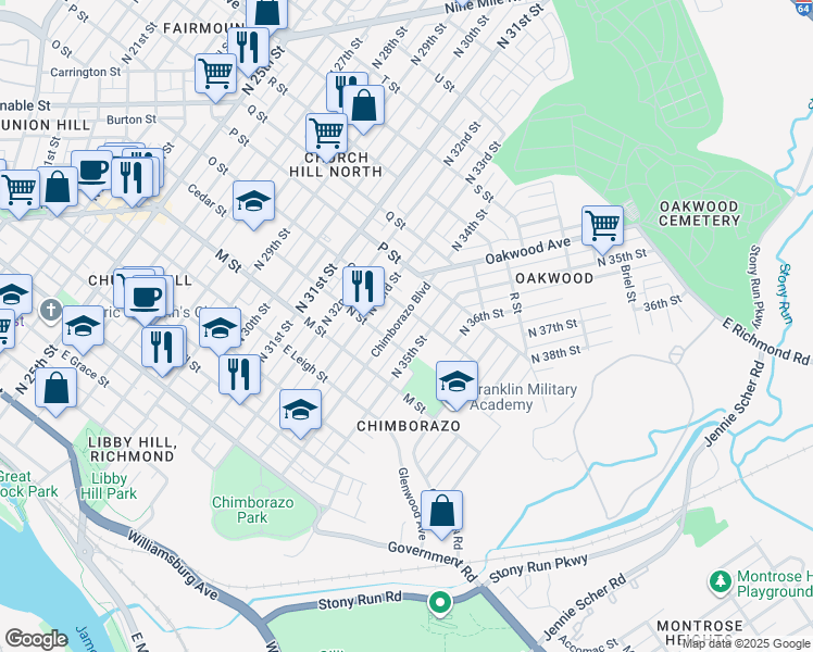 map of restaurants, bars, coffee shops, grocery stores, and more near 821 Chimborazo Boulevard in Richmond