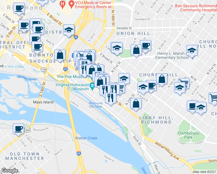 map of restaurants, bars, coffee shops, grocery stores, and more near 2109 East Franklin Street in Richmond