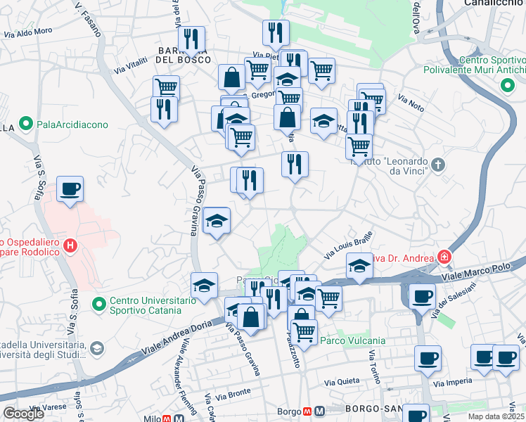 map of restaurants, bars, coffee shops, grocery stores, and more near 4 Via Cardinale Nava in Catania