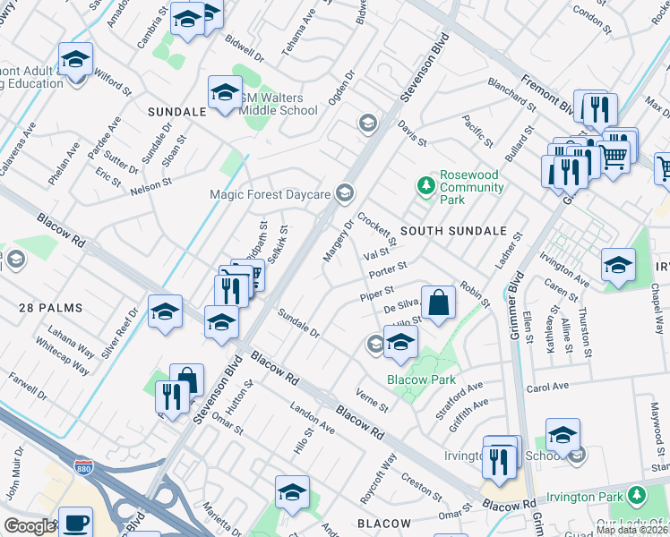 map of restaurants, bars, coffee shops, grocery stores, and more near 40135 Dortha Court in Fremont