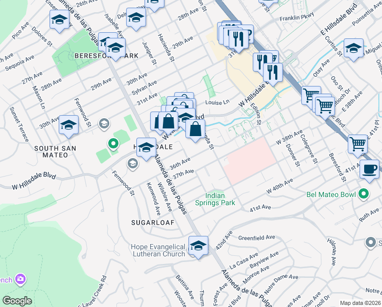 map of restaurants, bars, coffee shops, grocery stores, and more near 328 36th Avenue in San Mateo
