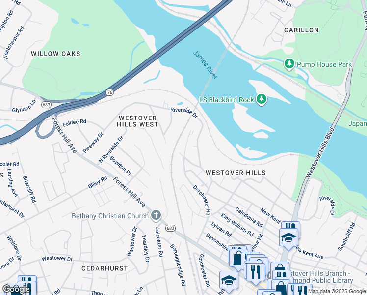 map of restaurants, bars, coffee shops, grocery stores, and more near 5502 Dorchester Road in Richmond