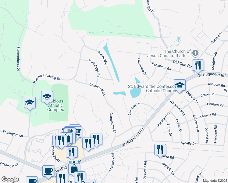 map of restaurants, bars, coffee shops, grocery stores, and more near 2600 Robys Way in Midlothian