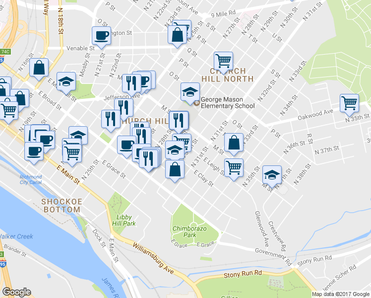 map of restaurants, bars, coffee shops, grocery stores, and more near 524 North 30th Street in Richmond