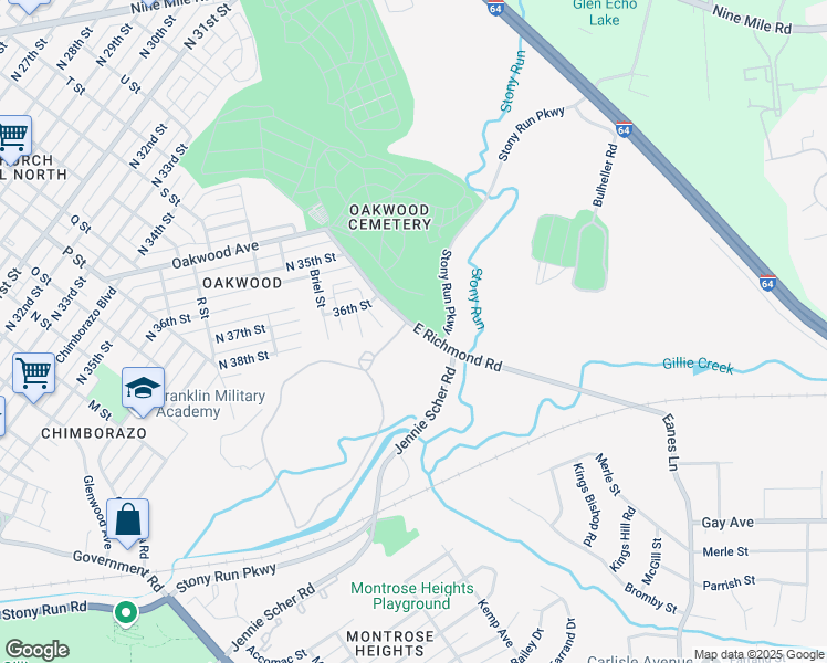 map of restaurants, bars, coffee shops, grocery stores, and more near 3520 E Richmond Rd in Richmond