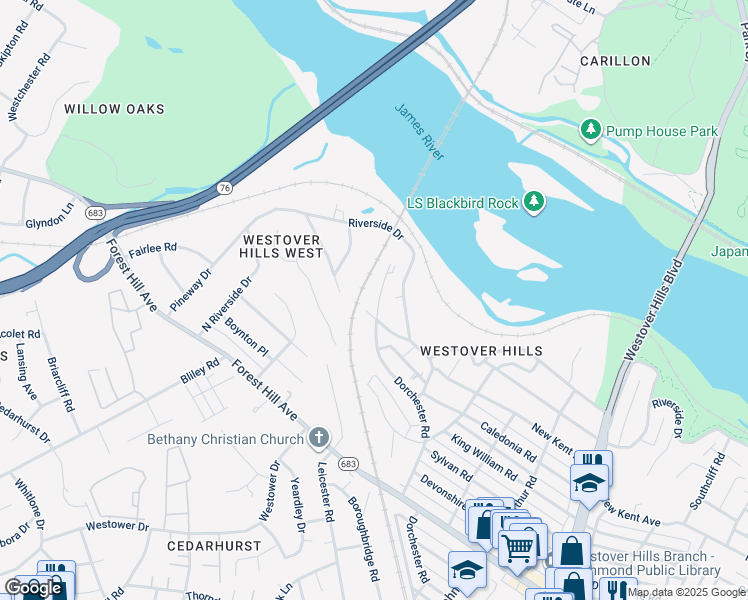map of restaurants, bars, coffee shops, grocery stores, and more near 5502 Dorchester Road in Richmond
