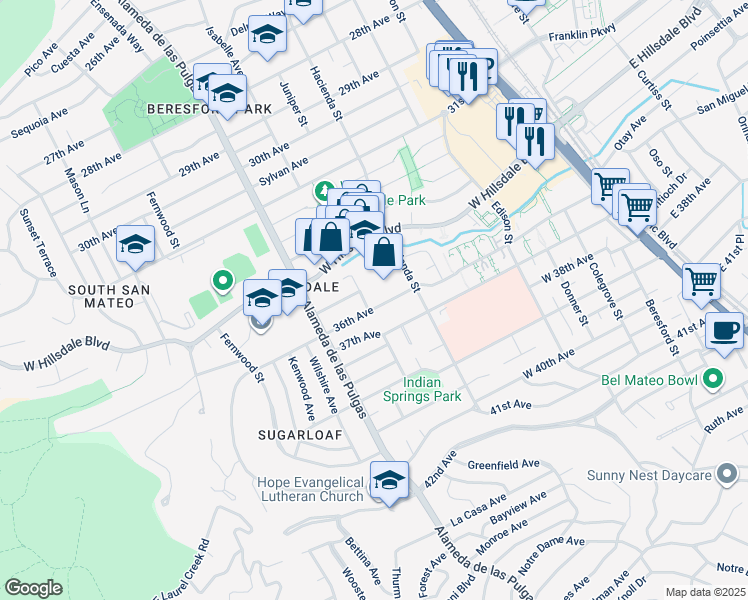 map of restaurants, bars, coffee shops, grocery stores, and more near 328 36th Avenue in San Mateo