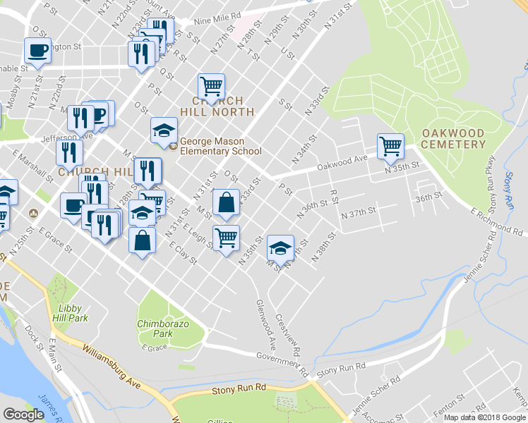 map of restaurants, bars, coffee shops, grocery stores, and more near 821 Chimborazo Boulevard in Richmond