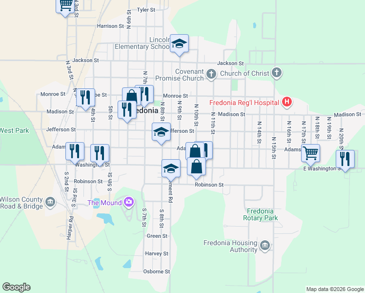 map of restaurants, bars, coffee shops, grocery stores, and more near 901-949 Adams Street in Fredonia